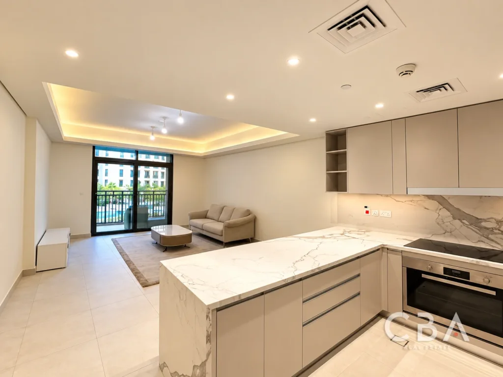 Warm Modern Condo Kitchen and Living Room
