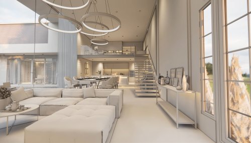 3d rendering. Interior house modern open living space with kitchen.Luxury modern style Duplex apartment residence.Home decoration luxury  interior design.