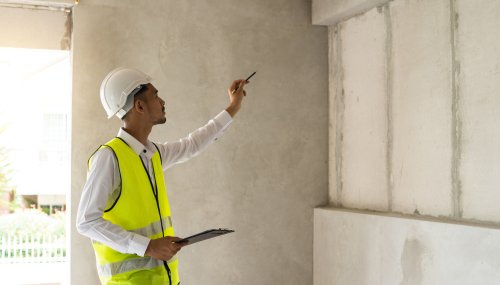Inspector holding clipboard opening paper and checking building Inspector holding clipboard opening paper and checking building for renovation, engineer surveyor looking in construction site. Home inspection consultancy concept